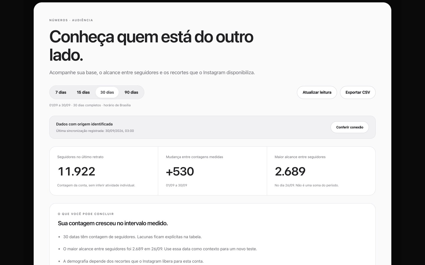 Tela Numbers do Creatores Studio com os números da conta